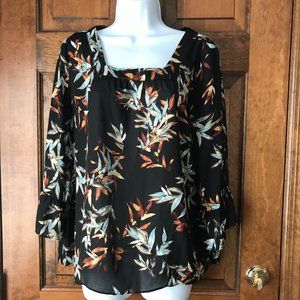 Emaline Black w/Rust, Teal & Ivory Scattered Leaves Blouse PL
